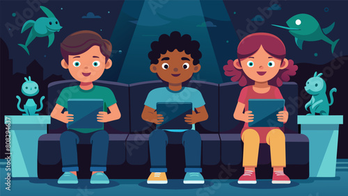 Three children sit on the couch their faces lit up by the glow of their tablet screens as they compete in a virtual scavenger hunt through a museum.. Vector illustration