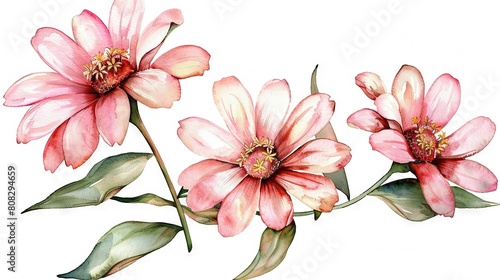   Three pink watercolor flowers with green leaves on the stem  on a white background