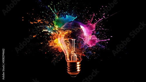  A light bulb bursting with colorful sparks , black background