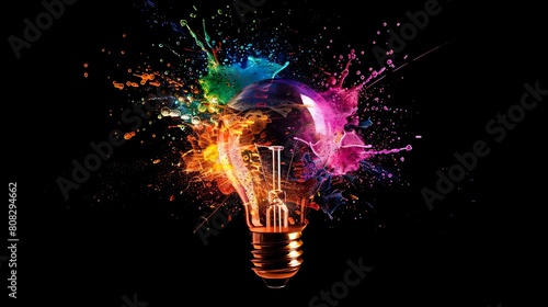  A light bulb bursting with colorful sparks , black background © Abdullah Ghaffar