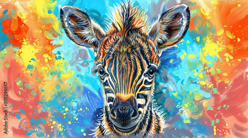   A vibrant painting of a giraffe s face with splattered paint colors