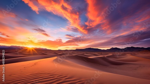 Panoramic view of the sand dunes at sunset in Death Valley National Park