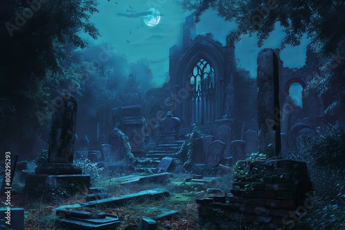 Spectral Ancient graveyard night. Cemetery zombie. Generate Ai