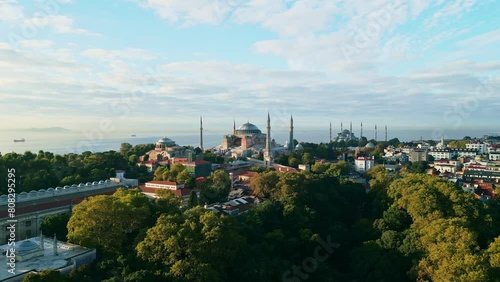 Aerial drone video of the Aya Sofia Mosque in Istanbul, Turkey during a sunrise photo