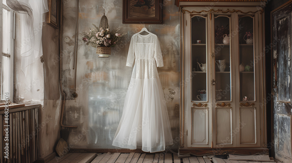 A white couture dress hangs in a room with rustic charm, a blur effect in the background