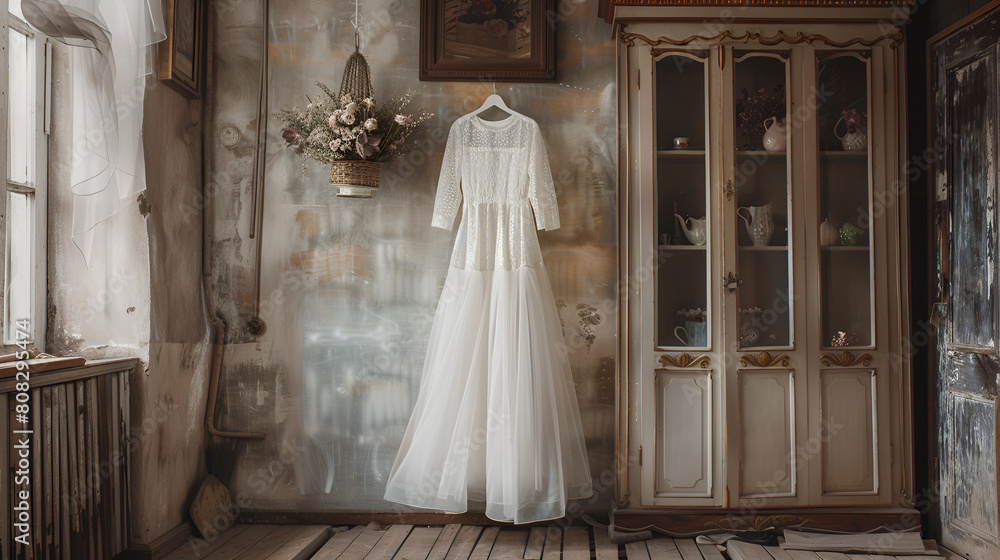 A white couture dress hangs in a room with rustic charm, a blur effect in the background A white couture dress hangs in a room with rustic charm, a blur effect in the background