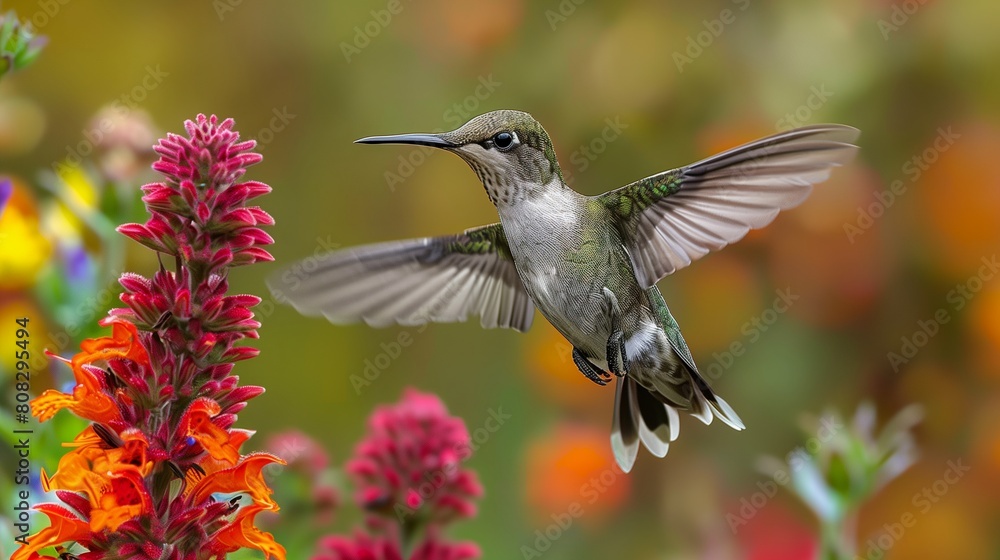 Fototapeta premium Hummingbird Hovering Near Colorful Flowers, Rapid Wing Movement, YouTube Thumbnail