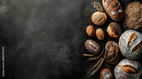 Artisan bread collection on dark, textured backdrop with grains and seeds. ?rganic food marketing and rustic design themes.