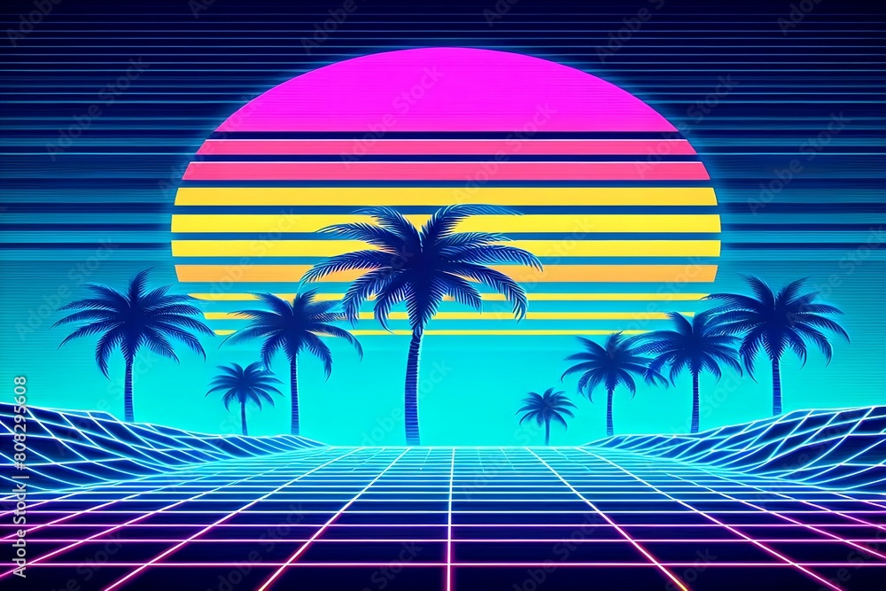 Naklejka premium Verträumt nostalgisches Achtziger Jahre Retro New Synth und Vapor Wave Neon Ästhetik Wallpaper: Sommerlicher Sonnenuntergang über Palmen in den bunten Farben Blau, Grün, Gelb, Lila