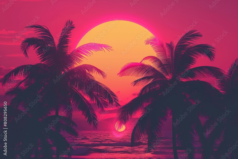 A tropical beach scene with palm trees and a large sun in the background. Scene is relaxed and peaceful