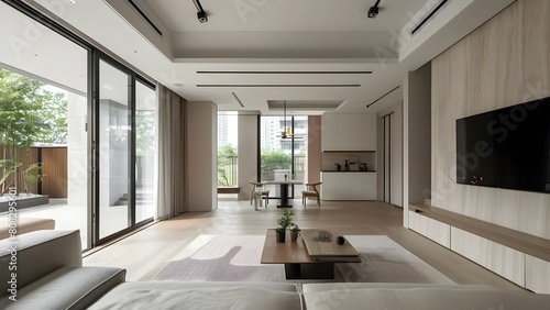 Sleek minimalist home with clean lines neutral colors open concept and natural light. Concept Minimalist design  Neutral colors  Open concept  Natural light  Clean lines
