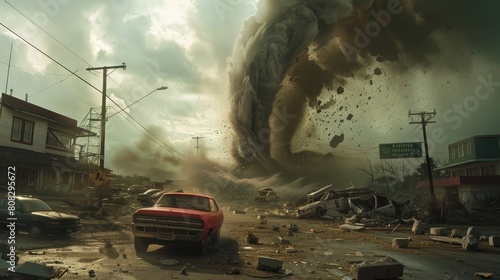 The force of a tornado lifts cars and demolishes buildings leaving behind a trail of destruction in its path. © Alizeh