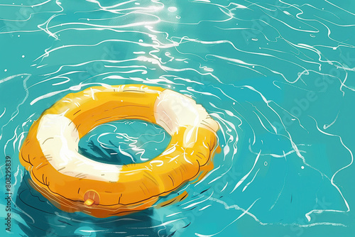 A life preserver buoyantly floats on the surface of a calm pool of water, showcasing essential safety equipment in a summer setting photo