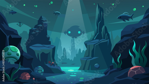 An incredible aquarium that simulates a deepsea abyss complete with a dark mysterious atmosphere bioluminescent creatures and otherworldly rock. Vector illustration