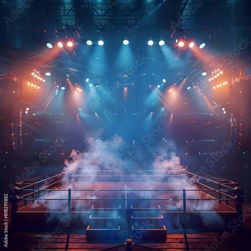 Boxing ring with smoke and stage lights creating surreal and enchanting atmosphere. Concept Surreal Lighting, Enchanting Atmosphere, Boxing Ring, Smoke Effects, Stage Lights