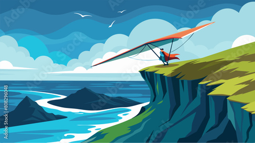 A hang glider catching a thermal wind over a rugged coastline surrounded by crashing waves.. Vector illustration
