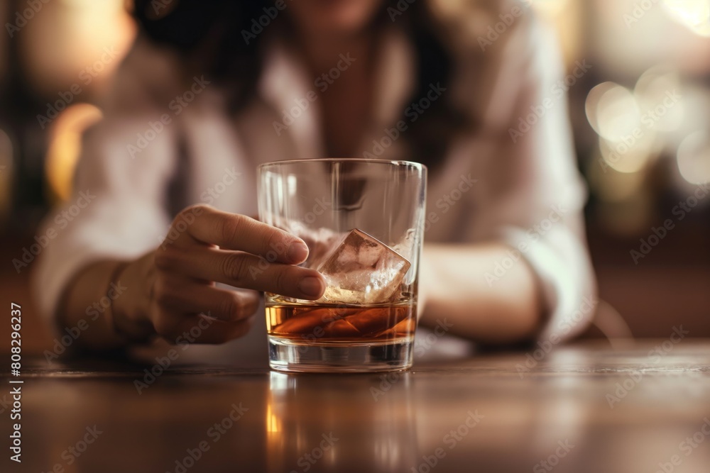 Relaxed atmosphere captures a woman holding a glass of amber whiskey with ice, her focus on the drink suggesting a moment of leisure or contemplation at an elegant bar