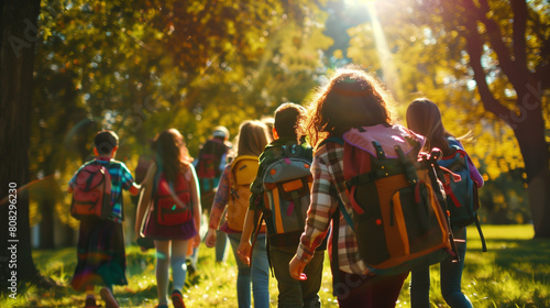 Wallpaper Mural Multi ethnic group of children on a school trip in warm leafy area, back to school, term, semester, primary, landscape format  Torontodigital.ca
