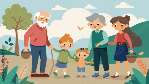 A group of grandparents and grandchildren going on a nature walk collecting leaves and rocks instead of swiping through digital photo albums.. Vector illustration
