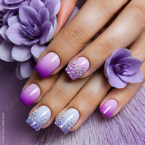 Rhinestone nail manicure. Female hands with pink manicure and purple flowers on purple background.