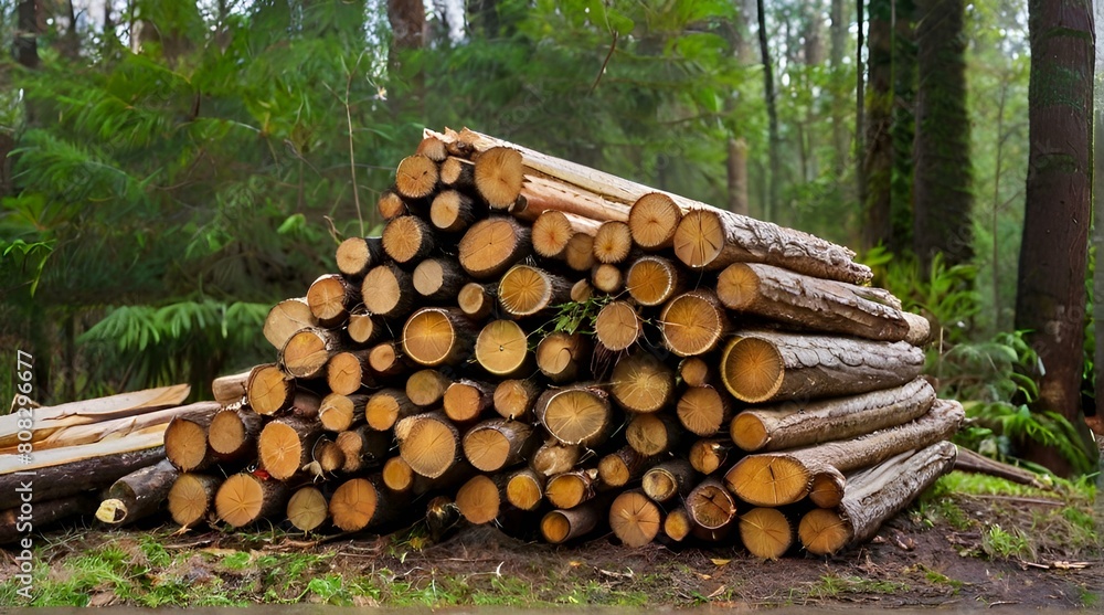 Big logs of wood are prepared in a sawmill for the production of furniture and lumberwood. Ecological Damage.  logging in the forest