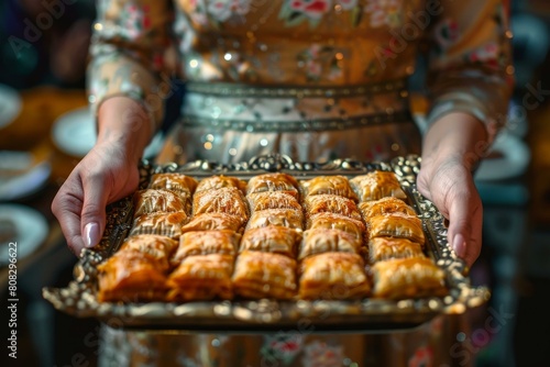 Woman holding tray of baklava in traditional attire, culture and cuisine themes.