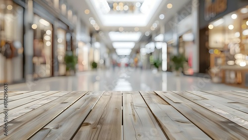 Blurred space mall shopping background with empty wooden display counter. Concept Blurred Background, Mall, Shopping, Wooden Counter, Display Counter