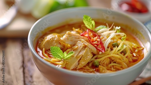 A dish of Bruneian cuisine. Curry laksa is noodles in curry sauce with boiled chicken.