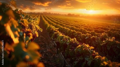 A panoramic view of a sprawling vineyard at sunset, grapevines highlighted by golden light,