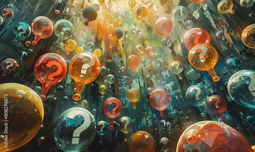 Many questions in bubbles, surrounded by question marks photo