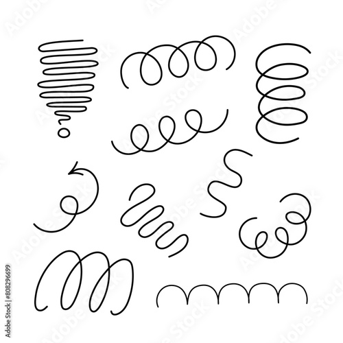 Abstract freeform curly doodle lines set simple hand drawn black monochrome vector illustration, wavy squiggle brush stroke shapes collection for party celebration decor, design elements © Contes de fée 