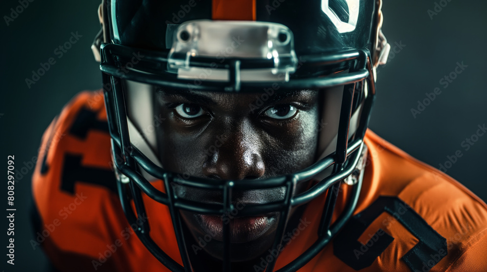 Close-up portrait of a focused american football player wearing a helmet and game uniform against a dark background, showcasing determination and athletic spirit Close-up portrait of a focused american football player wearing a helmet and game uniform against a dark background, showcasing determination and athletic spirit