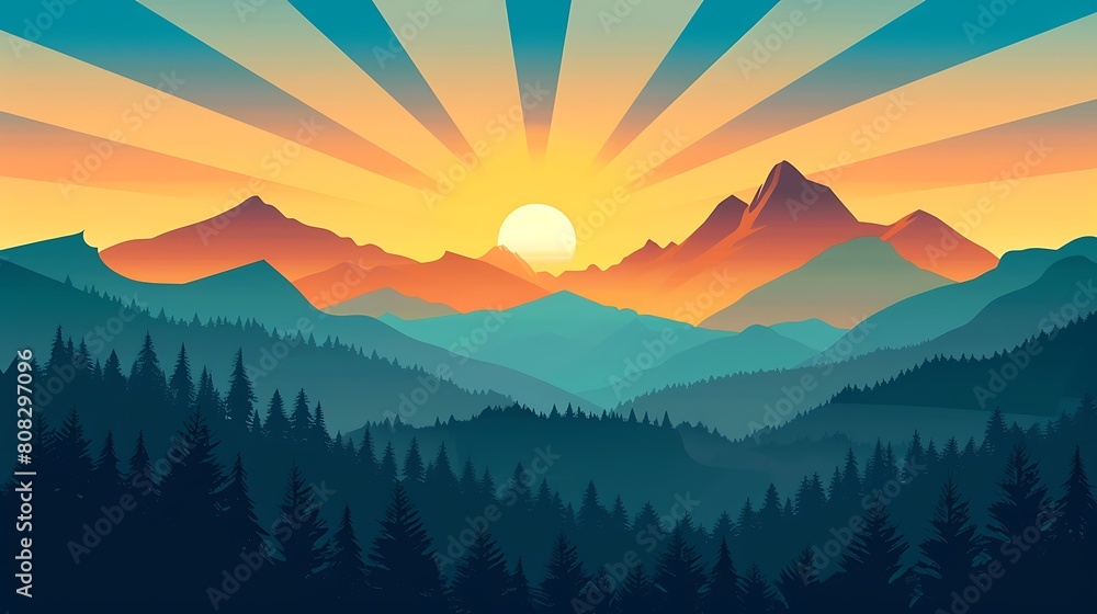 Obraz premium Sunrise over the mountains vector flat isolated vector style illustration