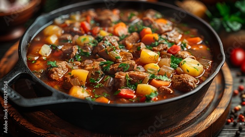 Winter comfort food, hearty stew in cast iron pot, rustic kitchen table,