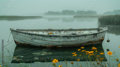   A small white boat floats on a yellow-covered lake shore during a foggy day © Olga