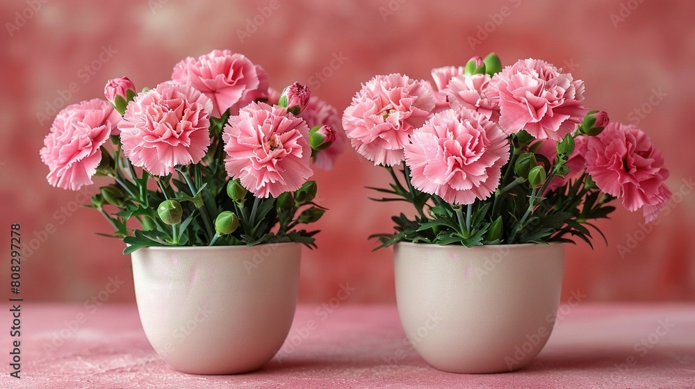 A few vases adorned with pink blooms rest atop a cloth-covered table set against a pink backdrop A few vases adorned with pink blooms rest atop a cloth-covered table set against a pink backdrop