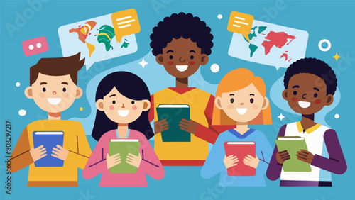 A group of students from Africa and Europe share photos and stories about their daily lives through their digital pen pal program.. Vector illustration