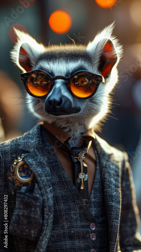 Stylish lemur moves through city streets in tailored splendor, epitomizing street style. © Tatiana