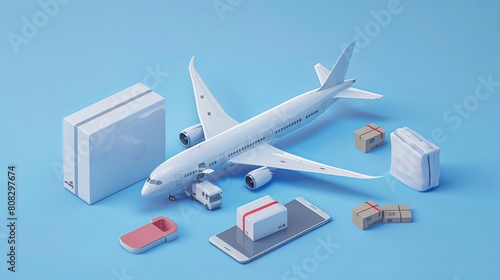 3D render illustration of a logistic application service concept, featuring a global logistics network, airplane, smartphone, and packaging on a blue background.