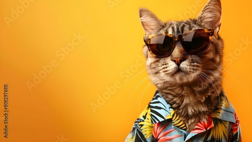 Confidently exuding summer vibes, a stylish cat in sunglasses and Hawaiian shirt. Concept Summer Fashion, Stylish Pets, Tropical Vibes, Sunglasses Style, Fun Outfits