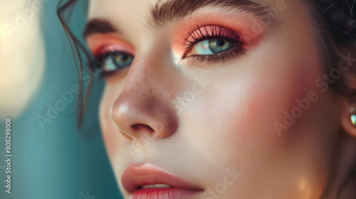 Close Up of a Woman s Face with Subtle Freckles and Vibrant Pink and Orange Makeup