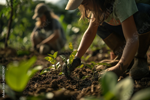 Family and community members planting trees in a local reforestation project photo