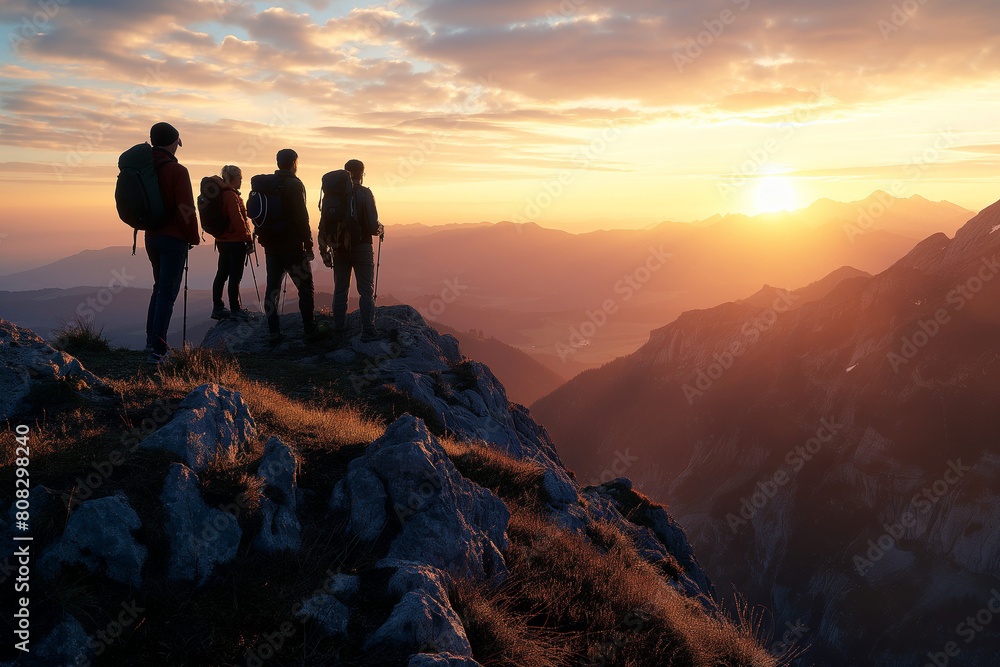 Mountain hikers enjoying a colorful sunset during an evening trek