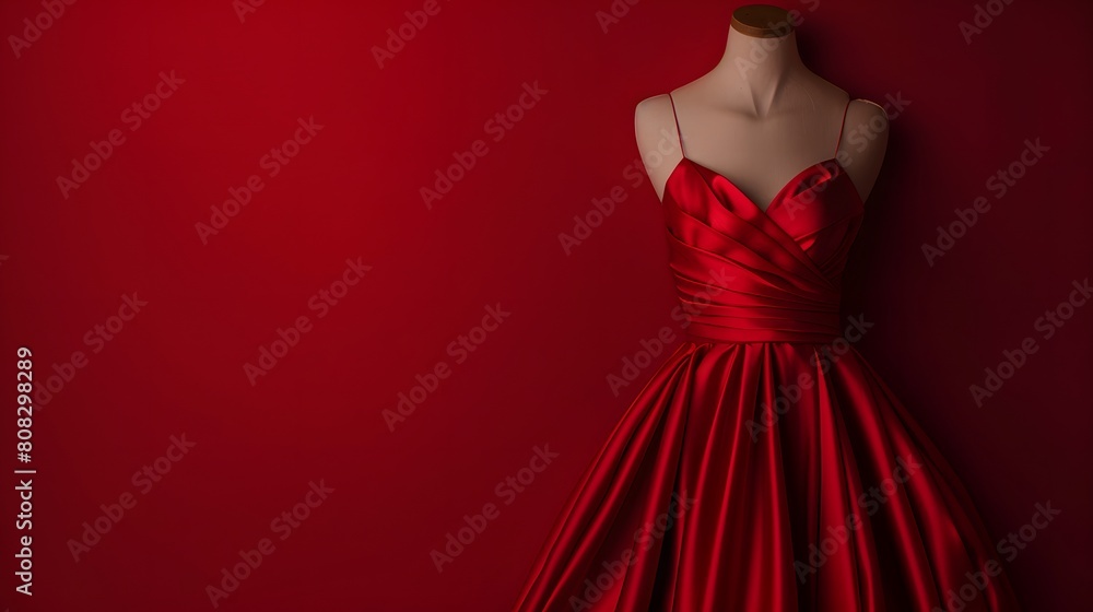 Red Satin Evening Dress on Mannequin Against Red Background Red Satin Evening Dress on Mannequin Against Red Background