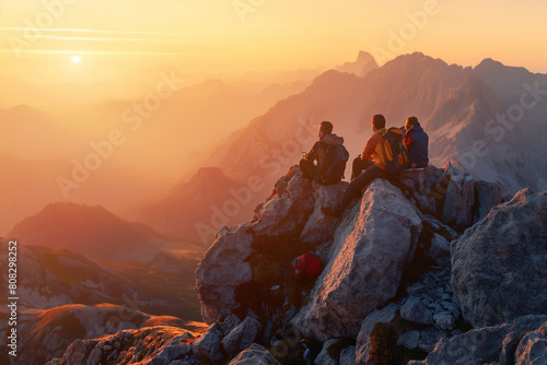 Outdoor enthusiasts watching the sun set over a rugged landscape © Damian
