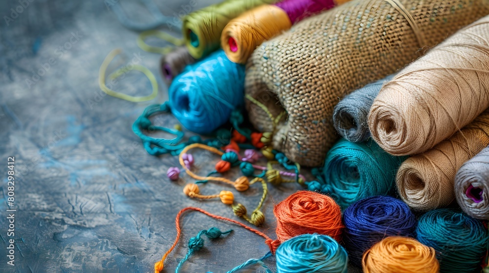 Colorful Yarn Rolls and Threads on Rustic Blue Background