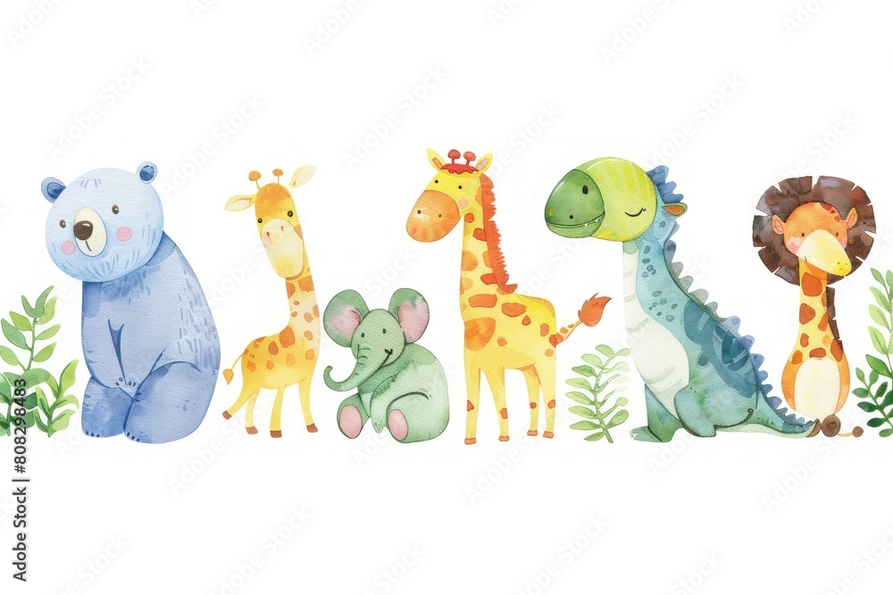 Naklejka premium A group of animals including a bear, giraffe, elephant, and dinosaur