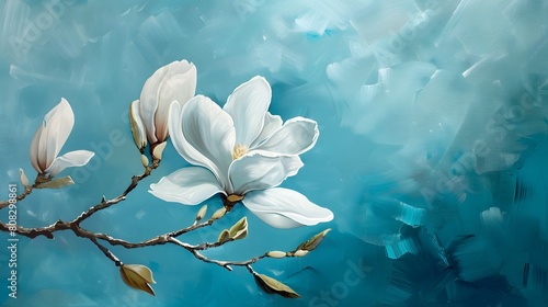 Magnolia Flowers on Blue Background Painting Style