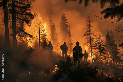 Team of firefighters working together to control a forest fire
