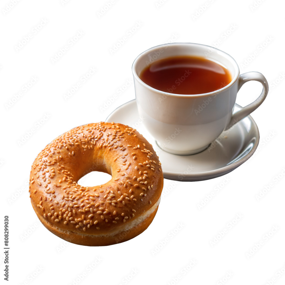 Sesame Seed Bagel Paired With a Cup of Hot Tea on a White Saucer Sesame Seed Bagel Paired With a Cup of Hot Tea on a White Saucer